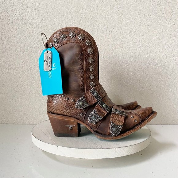 NEW SHOWDOWN Lane Boots Brown Snakeskin Cowboy Boots Western Brownbelly Size 7.5 - Picture 2 of 9